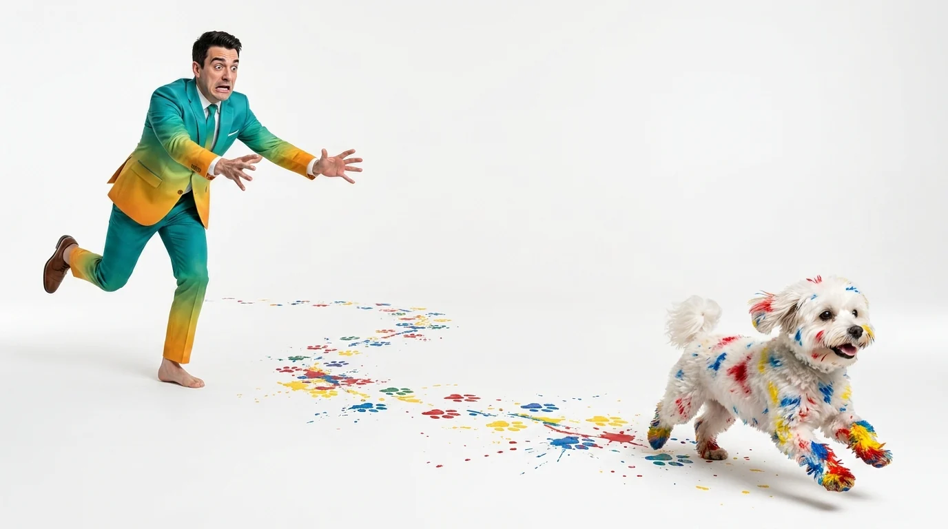 A colourful dog racing ahead while a man reaches out to catch up