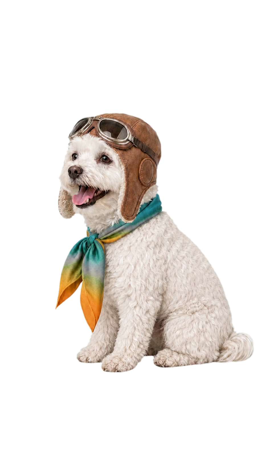 A cheerful white dog wearing an aviator cap, goggles and a colourful scarf