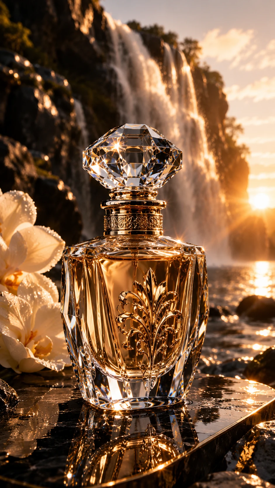 Crystal fragrance bottle photographed beside a waterfall at golden hour