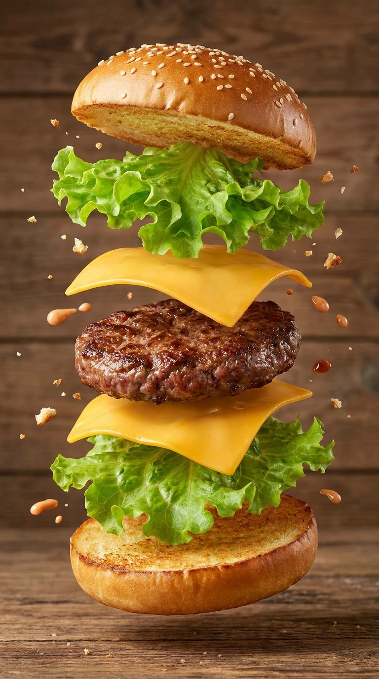 Exploded cheeseburger ingredients suspended above a wooden table