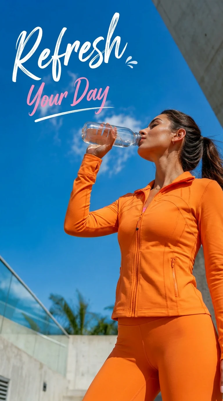 Woman in vivid orange activewear drinking water beneath a blue sky