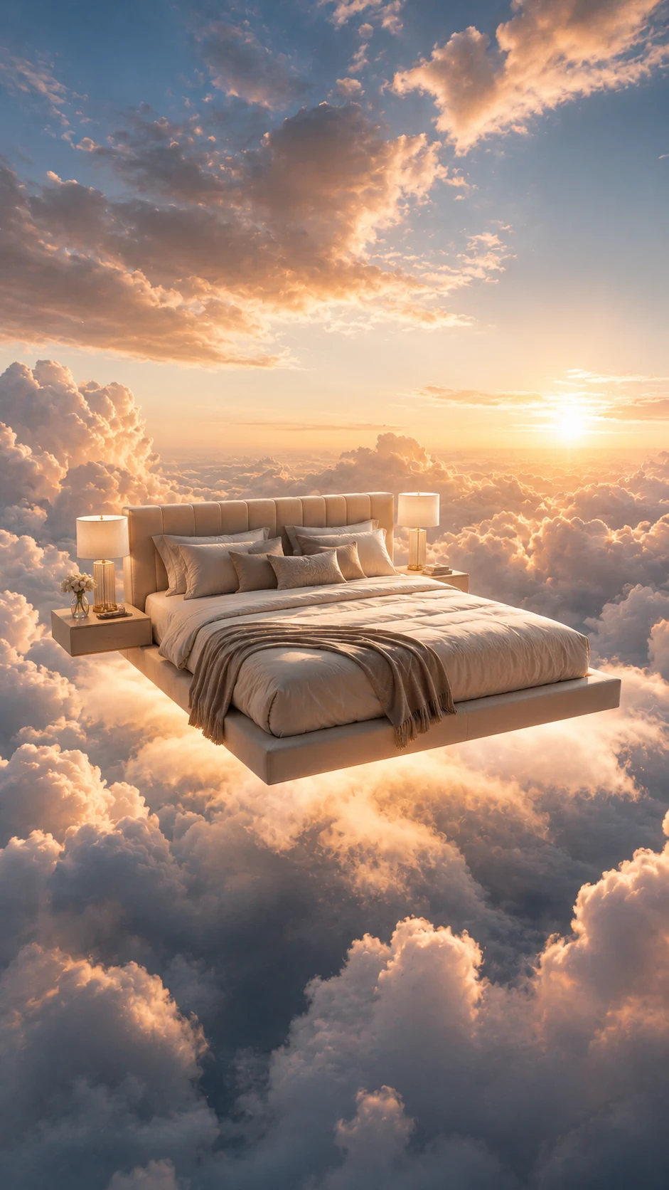 Elegant bed floating above clouds in warm sunrise light