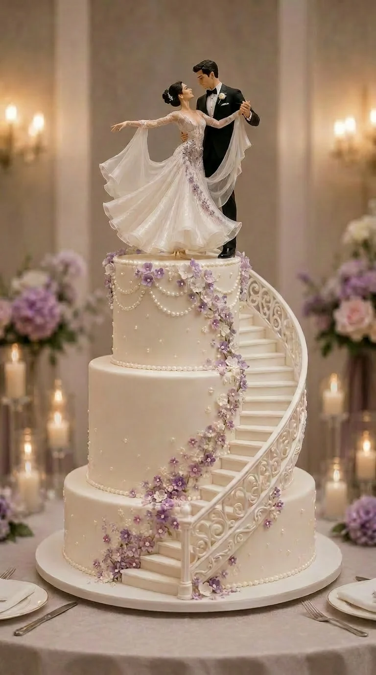Elegant wedding cake with a dancing couple topper and floral staircase