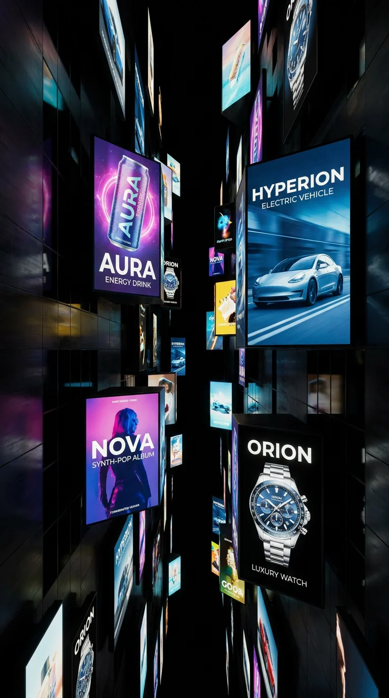 Futuristic corridor filled with illuminated digital advertising screens